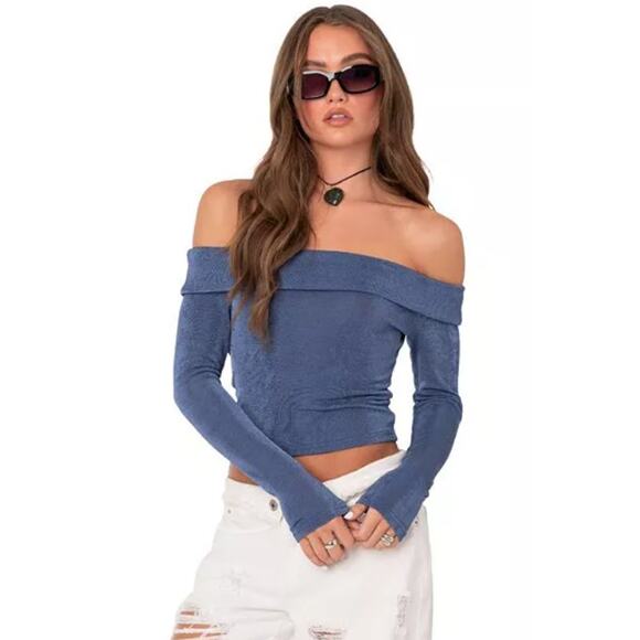 Edikted Athena Foldover Off the Shoulder Long Sleeve Crop Top XS Blue NWT - Picture 1 of 6